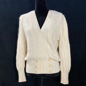 VTG Sideffects Sweater Cream Soft Angora Pearl Cable Knit Wrap Puff Shoulder S